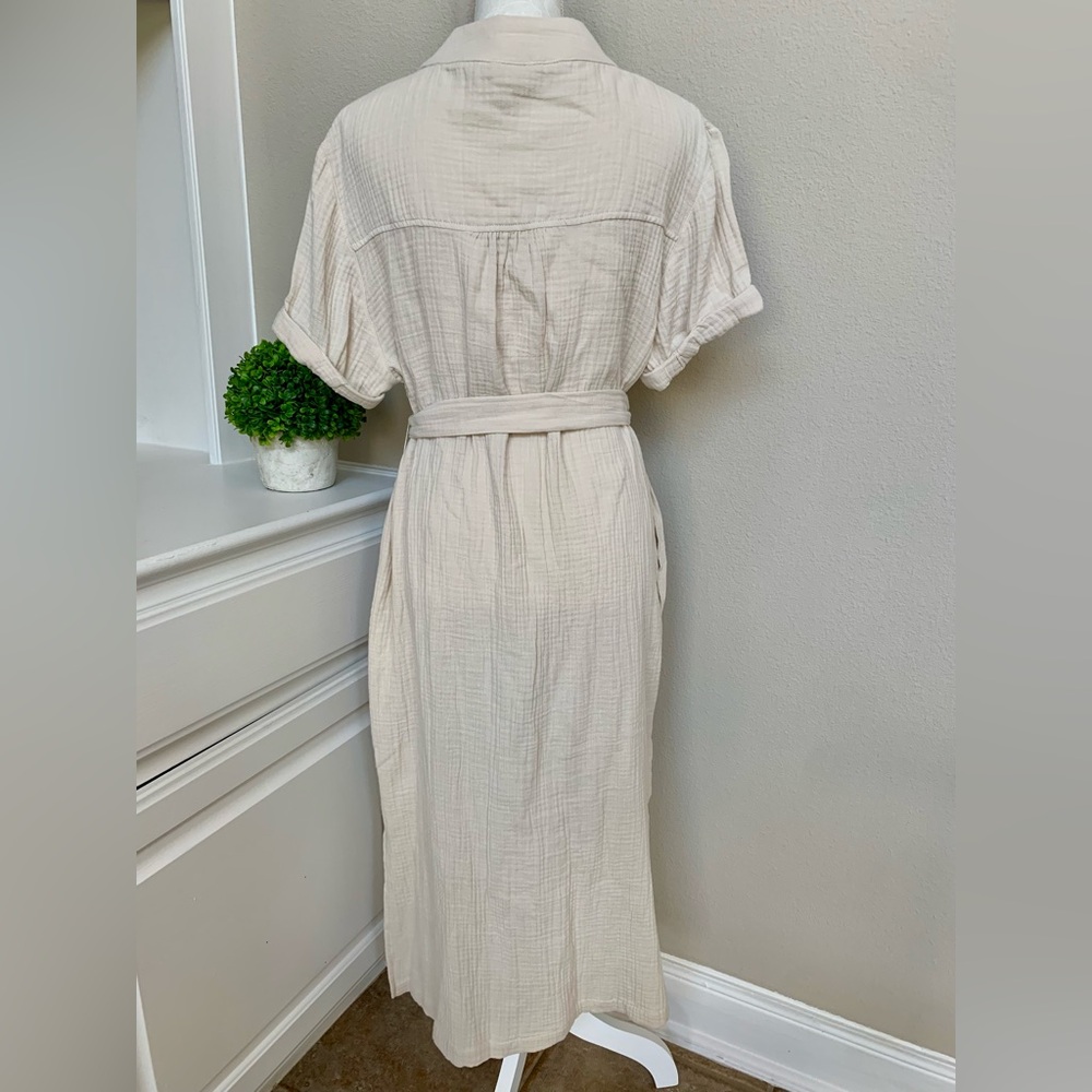 Magaschoni Organic Cotton Gauze V-neck Midi Dress Belt Side Slit Women’s Medium - Picture 2 of 8